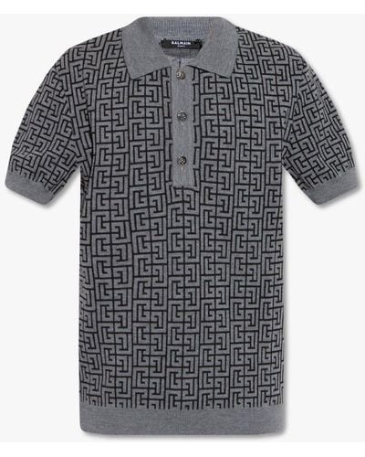 Balmain Monogram Jacquard Knitted Polo Shirt - Grey