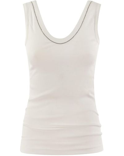 Brunello Cucinelli Ribbed Cotton Jersey Top With Shiny Neckline - White