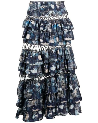 John Richmond Long Skirt With Flounces And Iconic Runway Denim-Effect Pattern - Blue