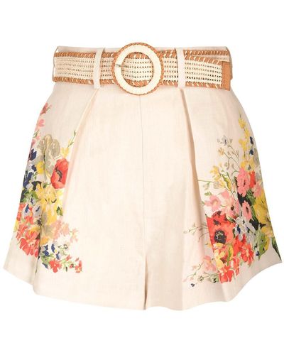 Zimmermann Alight Floral Printed Belted Tuck Shors - Natural