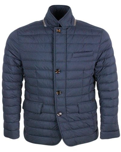Moorer Jacket Made Of Water-Repellent Resin-Coated Bi-Elastic Fabric. Goose Down Padding - Blue