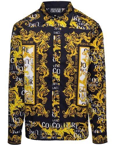 Versace Black And Gold Shirt With Logo Couture Print All-over In Cotton - Gray
