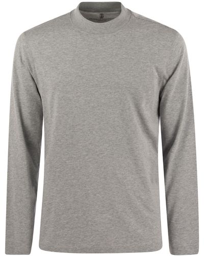 Brunello Cucinelli Long-Sleeve Cotton Jersey Chimney Neck T-Shirt - Gray