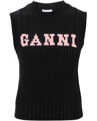 Ganni Knitted Vest With Jacquard Logo - Black