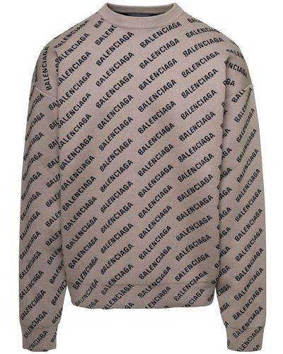 Balenciaga Crewneck Sweatshirt With All-over Logo Print In Cotton And Wool Blend Man - Gray