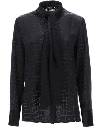Versace Crocodile Effect Tie Neck Shirt - Black