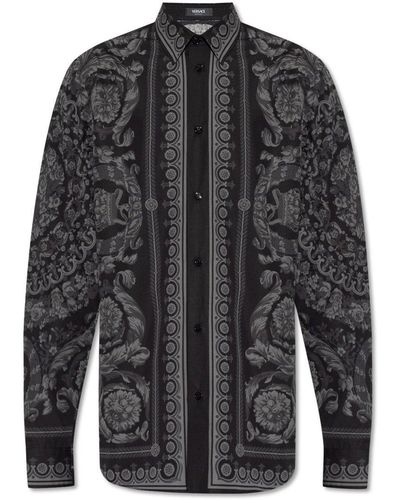 Versace Barocco-Printed Button-Up Shirt - Black