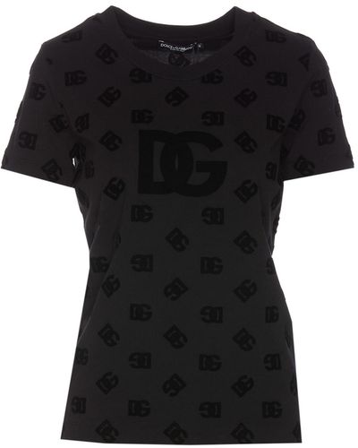 Dolce & Gabbana Jersey T-Shirt With All-Over Flocked Dg Logo - Black