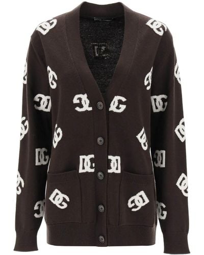 Dolce & Gabbana Maxi Cardigan With Dg Pattern Inlay - Black