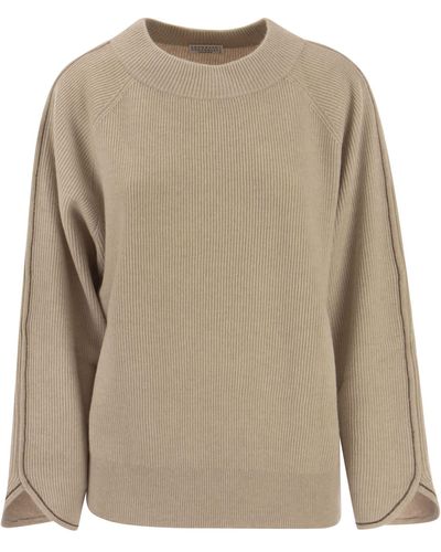 Brunello Cucinelli Cashmere Sweater With Monile - Natural