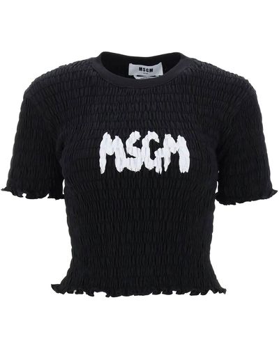 MSGM Smocked T Shirt With Logo Print - Black