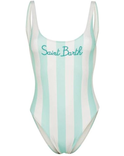 Mc2 Saint Barth Logo-embroidered Striped Swimsuit - Blue