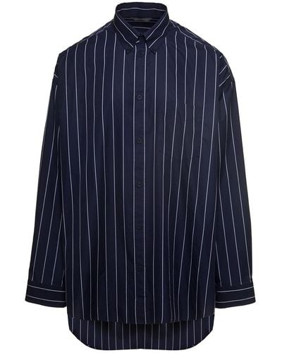 Balenciaga Blue Striped Oversized Blouse And Contrasting Logo In Cotton Blend Man