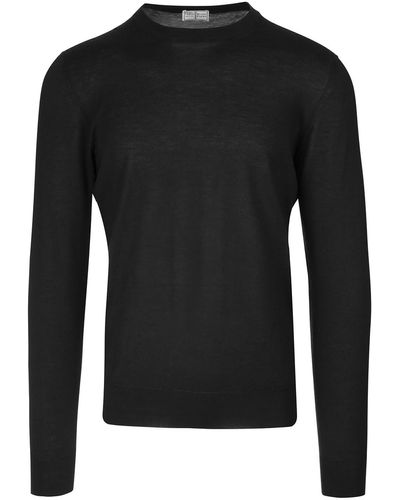 Fedeli Man Round Neck Pullover In Black Cashmere And Silk