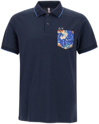 Sun 68 Print Pocket Cotton Polo Shirt - Blue