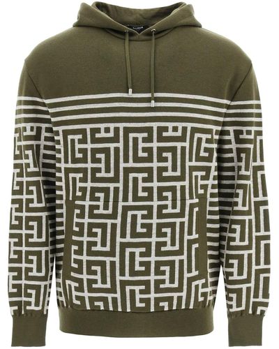 Balmain Striped Monogram Knit Hoodie - Green