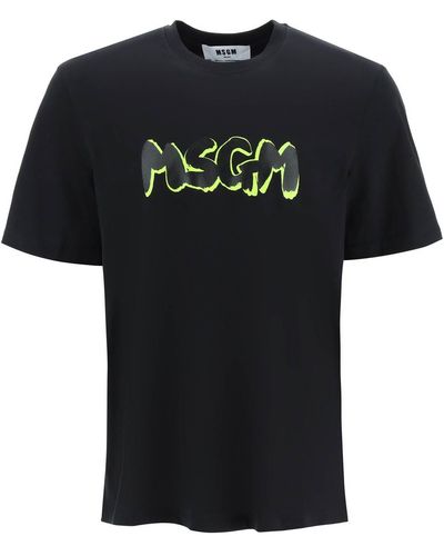 MSGM T-shirt With Brushed Logo And Fluo Shadow - Black