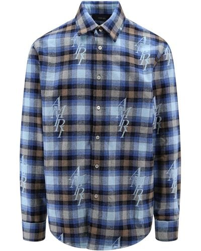 Amiri Staggered Plaid Flannel, Long Sleeves, , 100% Cotton, Size: Large - Blue