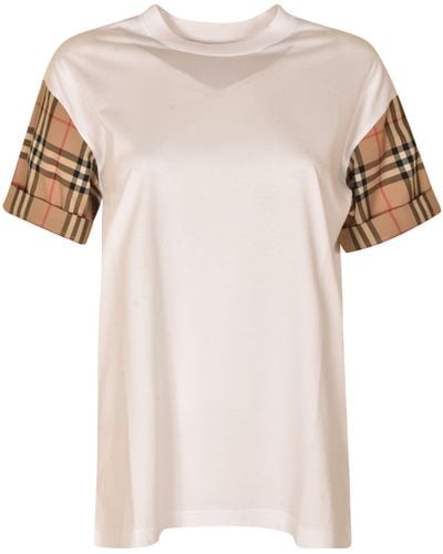 Burberry Check Sleeve Round Neck T-shirt - Natural