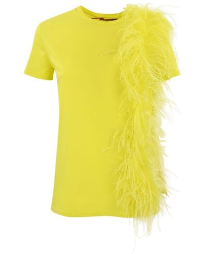 Max Mara Studio Cotton T-Shirt With Lappole Feathers - Yellow