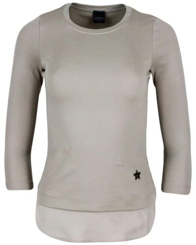 Lorena Antoniazzi Ribbed Crew-Neck Short-Sleeved Cotton T-Shirt With Swarosky Star And Silk Insert On The Bottom - Gray