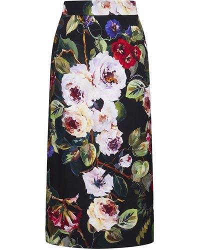 Dolce & Gabbana Charmeuse Calf-Length Skirt With Rose Garden - Multicolor