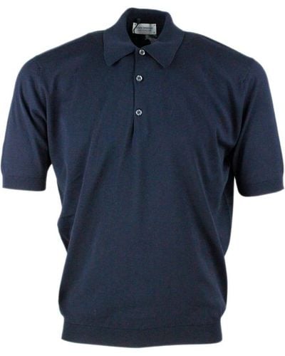 John Smedley Short-sleeved Polo Shirt In Extra-fine Cotton Thread With Three Buttons - Blue