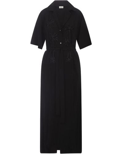 P.A.R.O.S.H. Ralm Long Shirt Dress With Palm Embroidery - Black