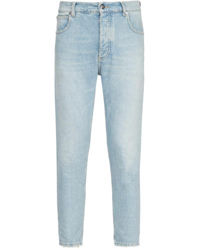 Balmain Cropped Tapered Embossed Jeans - Blue