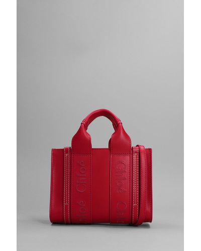 Chloé Woody Hand Bag In Rose-pink Leather - Red