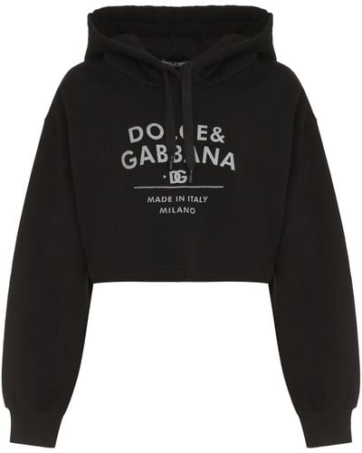Dolce & Gabbana Cropped Hoodie With Logo, - Black