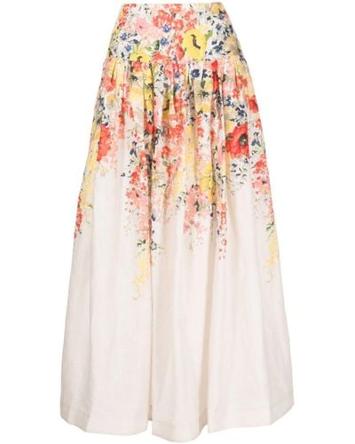Zimmermann Floral Print Linen Midi Skirt - White