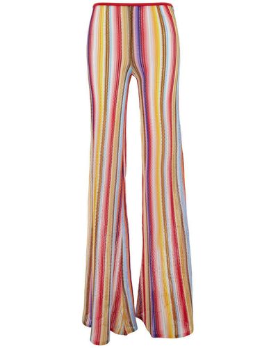 Missoni Multicolour Flare Trousers With Stripe Motif In Viscose Crochet Woman - Red