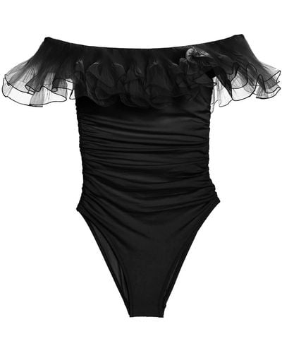 Giambattista Valli One-Piece Off-The-Shoulder Ruffles Swimsuit - Black