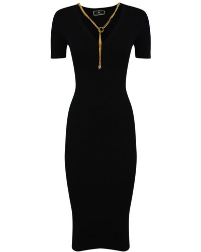 Elisabetta Franchi Ribbed Midi Dress With Necklace - Black