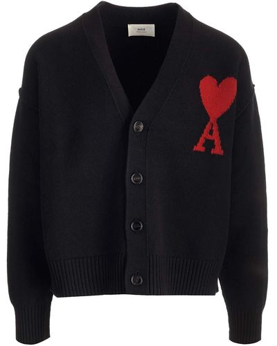Ami Paris + Net Sustain Intarsia Merino Wool Cardigan - Black