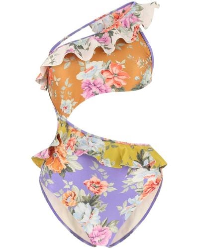 Zimmermann Printed Stretch Nylon Pattie Cut Out Frill 1Pc Swimsuit - Multicolour