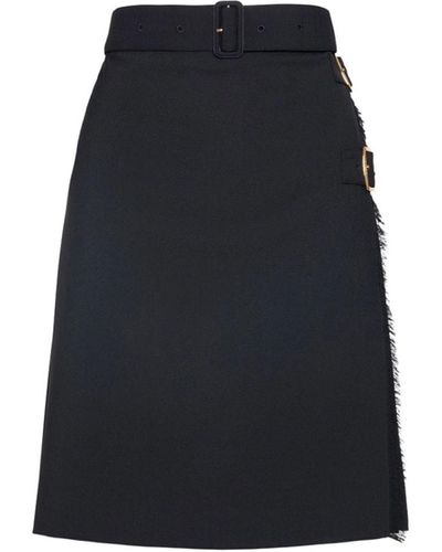 Burberry Pleated Panel Wool Blend Belted Kilt Skirt - Blue