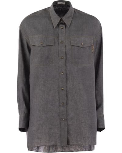 Brunello Cucinelli Lightweight Linen Canvas Shirt With Press Studs And Shiny Tab - Grey