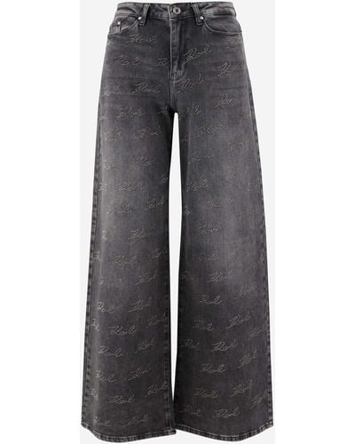 Karl Lagerfeld Stretch Cotton Denim Jeans With Rhinestone Logo - Gray