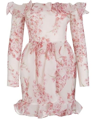 Giambattista Valli Mini Dress In White Silk With Ruffles And Pink Floral Print
