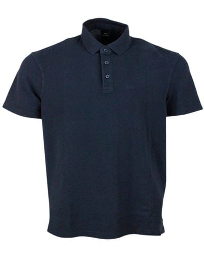 Armani Exchange 3-Button Short-Sleeved Pique Cotton Polo Shirt With Logo Embroidered On The Chest - Blue