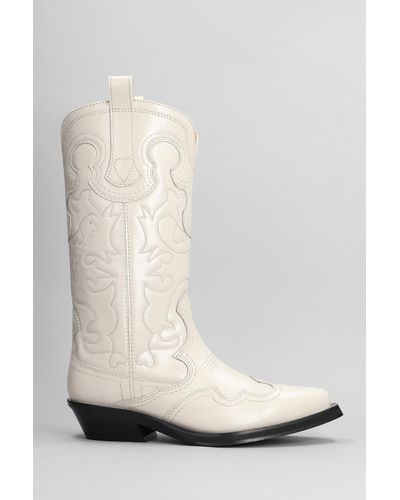 Ganni Texan Boots In Beige Leather - White