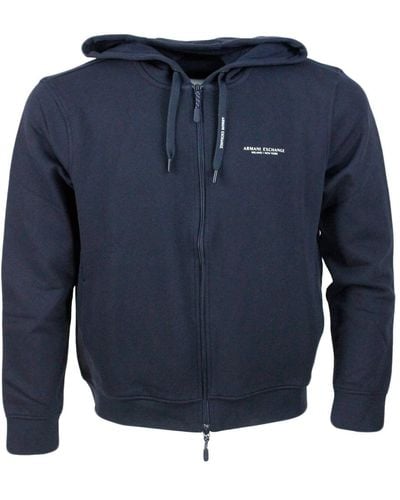 Armani Long-Sleeved Full Zip Drawstring Hoodie With Small Logo On The Chest - Blue