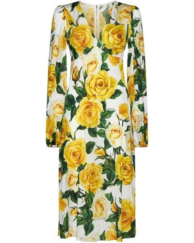 Dolce & Gabbana Rose Printed V-neck Dress - Yellow