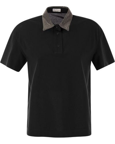 Brunello Cucinelli Cotton Polo Shirt With Jeweled Collar - Black
