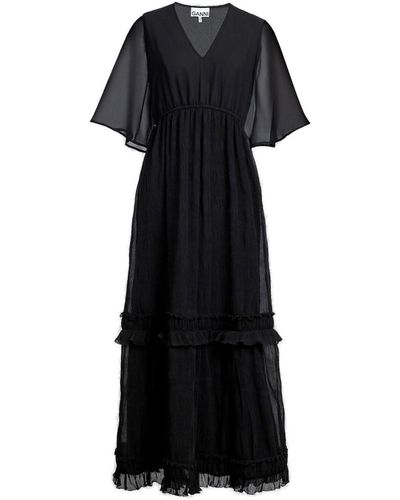 Ganni Pleated Georgette Maxi Dress - Black