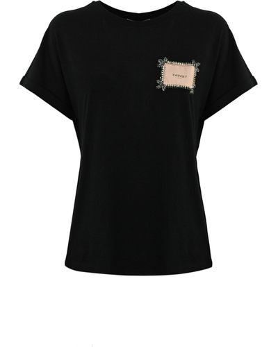 Twin Set T-Shirt With Label And Rhinestones - Black