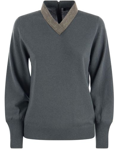 Fabiana Filippi V-Neck Sweater With Necklace - Gray