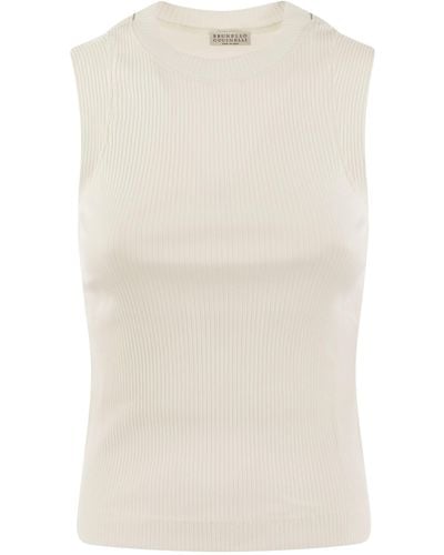 Brunello Cucinelli Ribbed Cotton Jersey Top With Monile - Natural